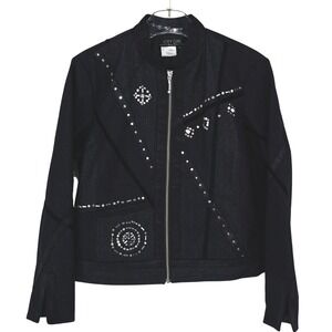 Y2K City Girl Nancy Boler Black Denim Jacket Embellished Sequin Beaded Bomber